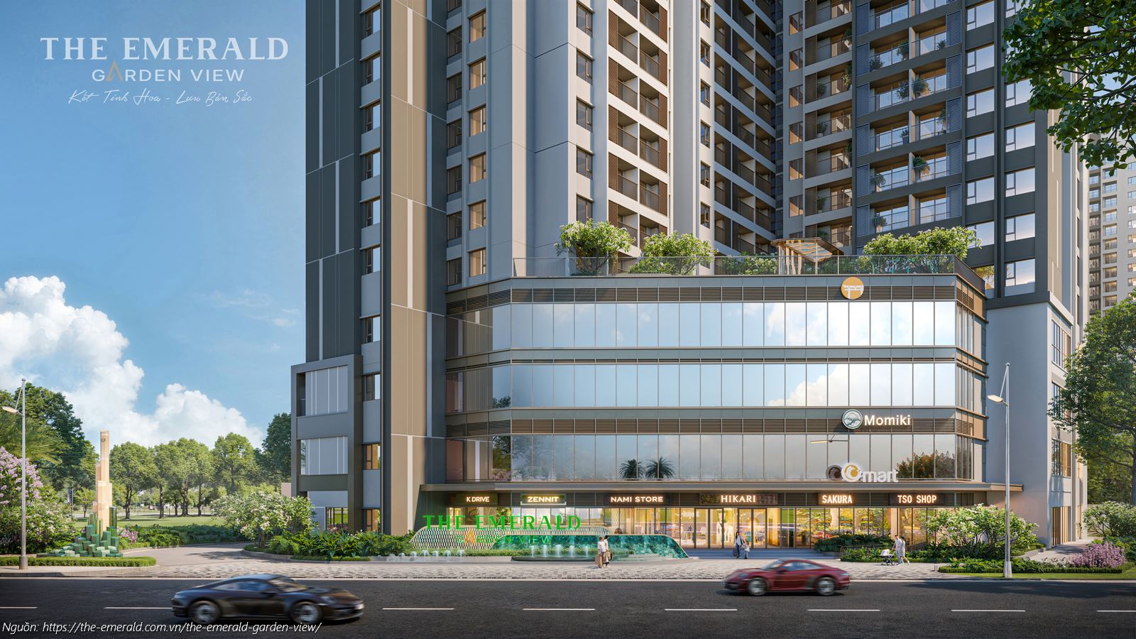 Phối cảnh mặt tiền trung tâm thương mại và hệ thống Shophouse khối đế The Emerald Garden View