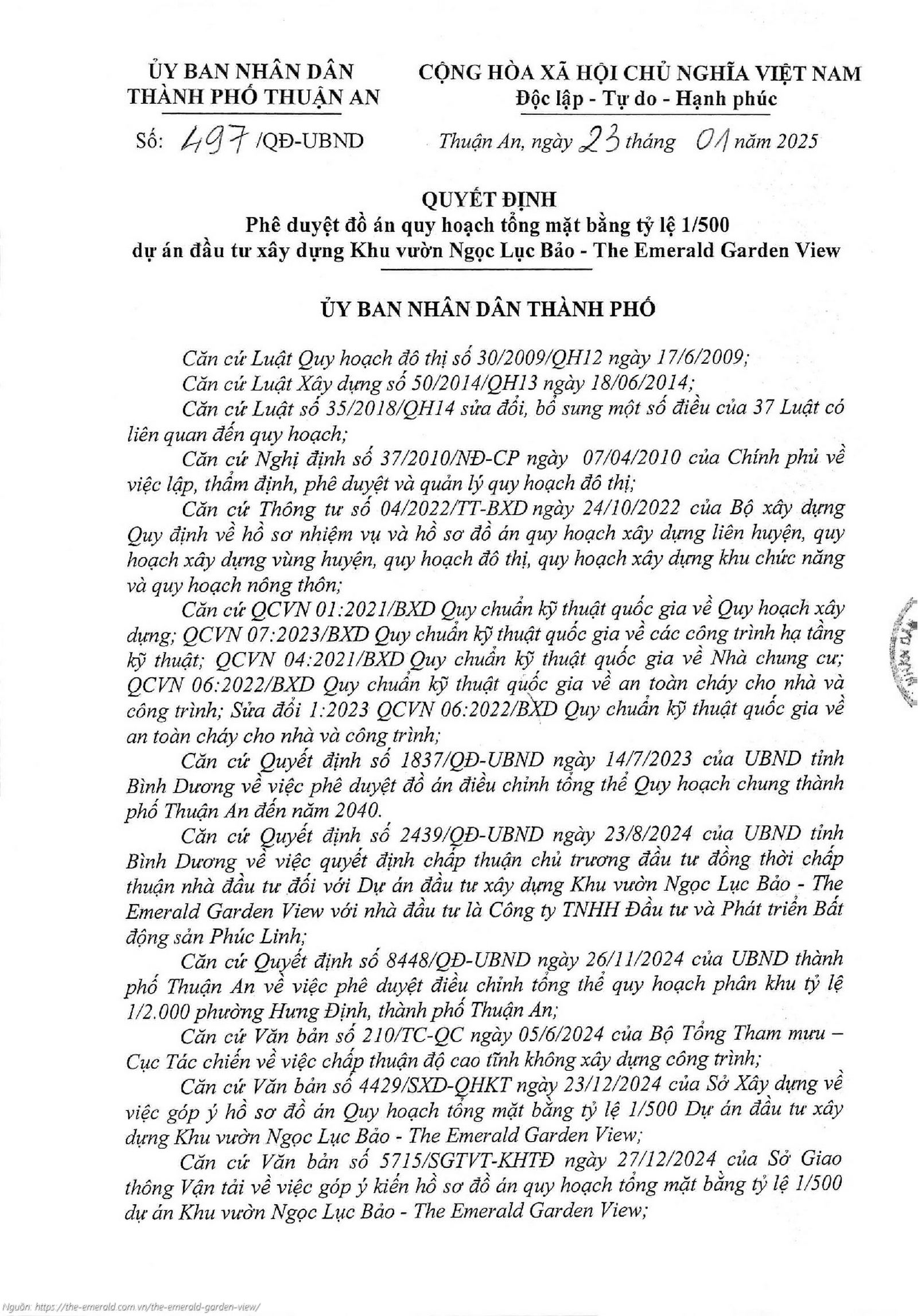 Quyết định phê duyệt đồ án quy hoạch chi tiết 1/500 dự án The Emerald Garden View