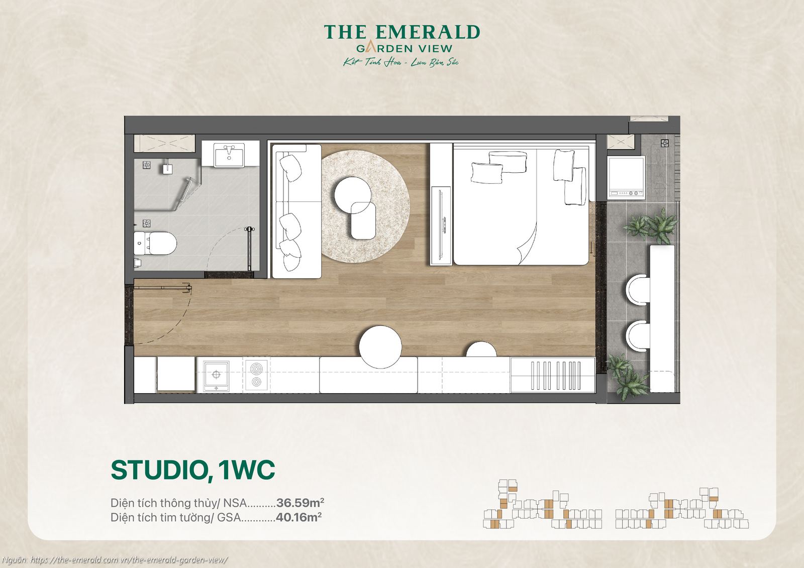 Mặt bằng thiết kế căn hộ Studio diện tích 40.16m2 dự án The Emerald Garden View