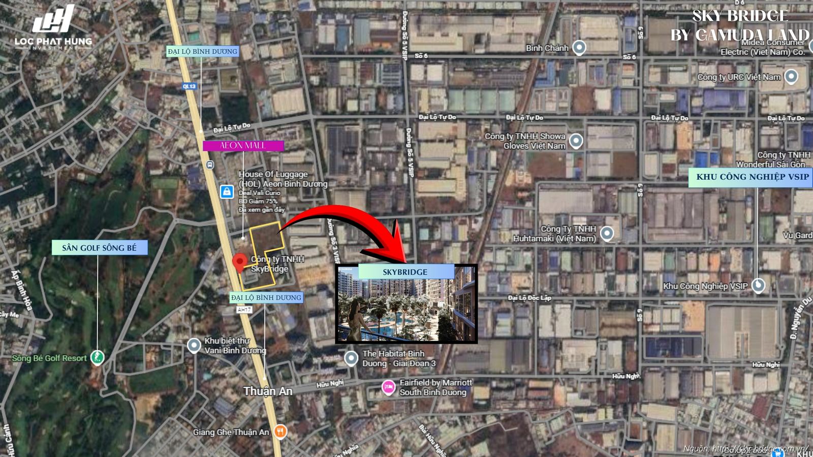 Bản đồ vị trí và kết nối giao thông chiến lược dự án Sky Bridge Gamuda Land mặt tiền Quốc Lộ 13 Thuận An