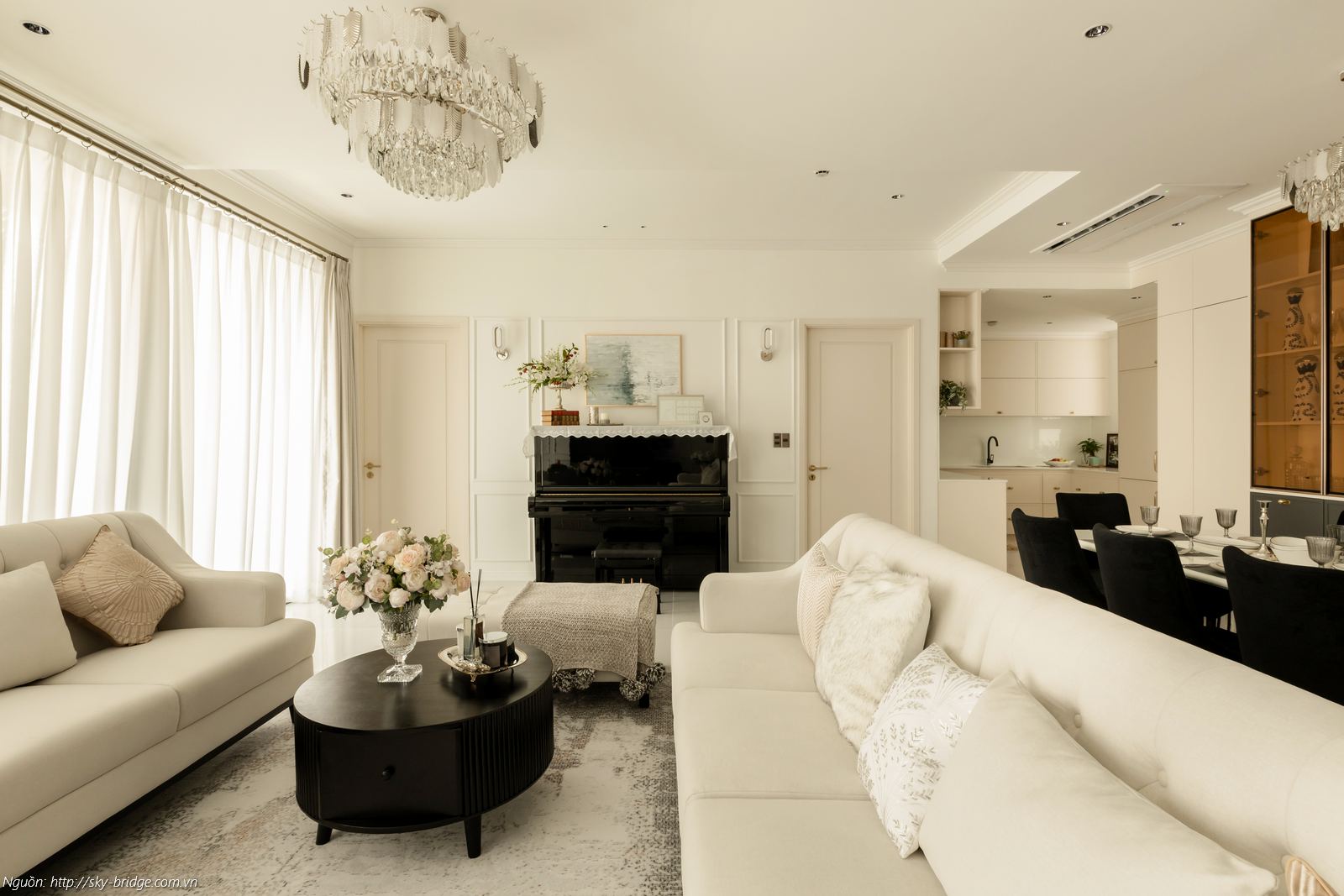 Thiết kế nội thất phòng khách sang trọng nhà mẫu Sky Bridge căn 3PN diện tích 152m2