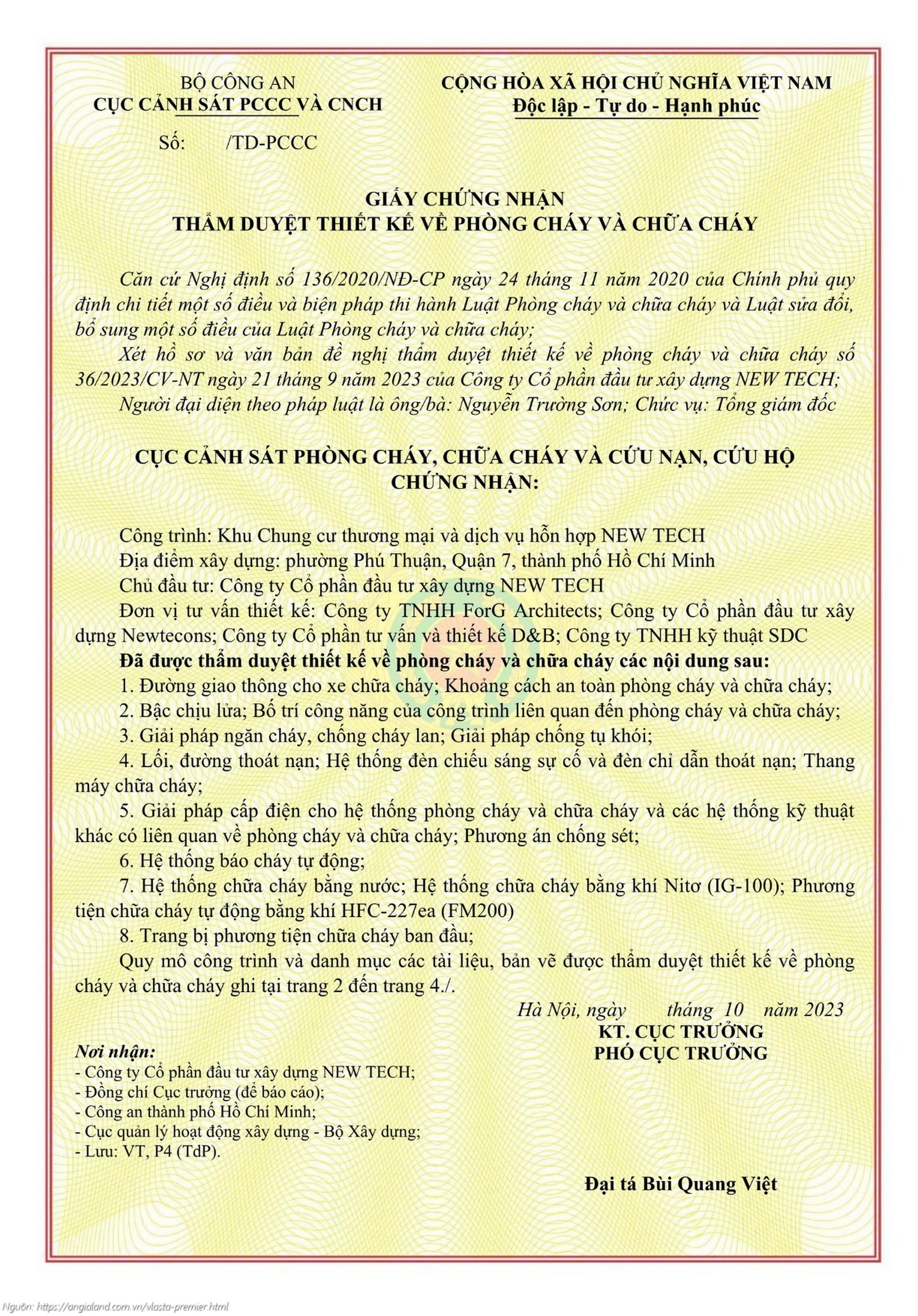 Giấy chứng nhận thẩm duyệt thiết kế phòng cháy chữa cháy dự án Vlasta Premier Quận 7