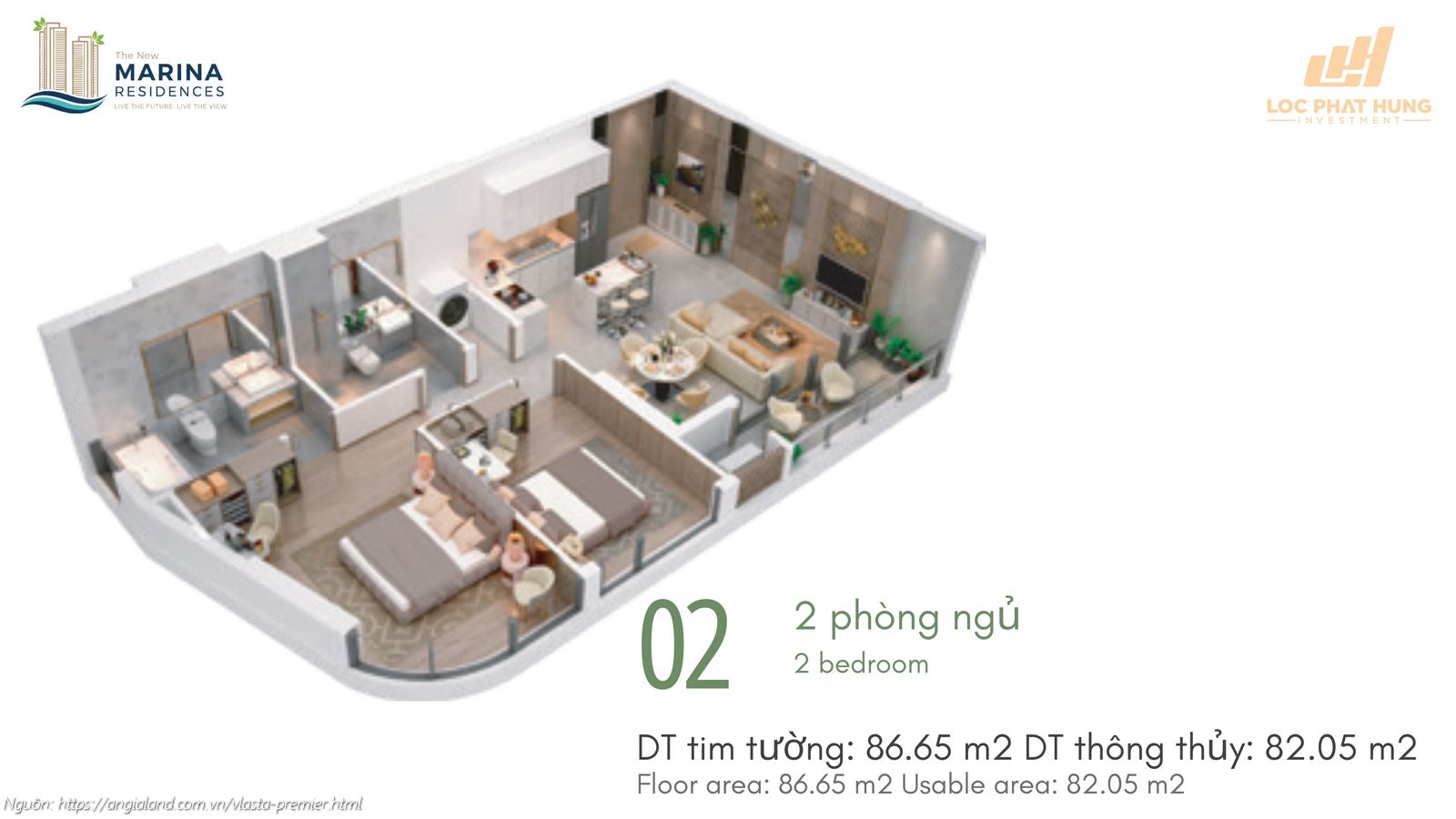 Thiết kế chi tiết căn hộ số 02 (2 phòng ngủ) diện tích 86.65 m2 dự án Vlasta Premier Quận 7