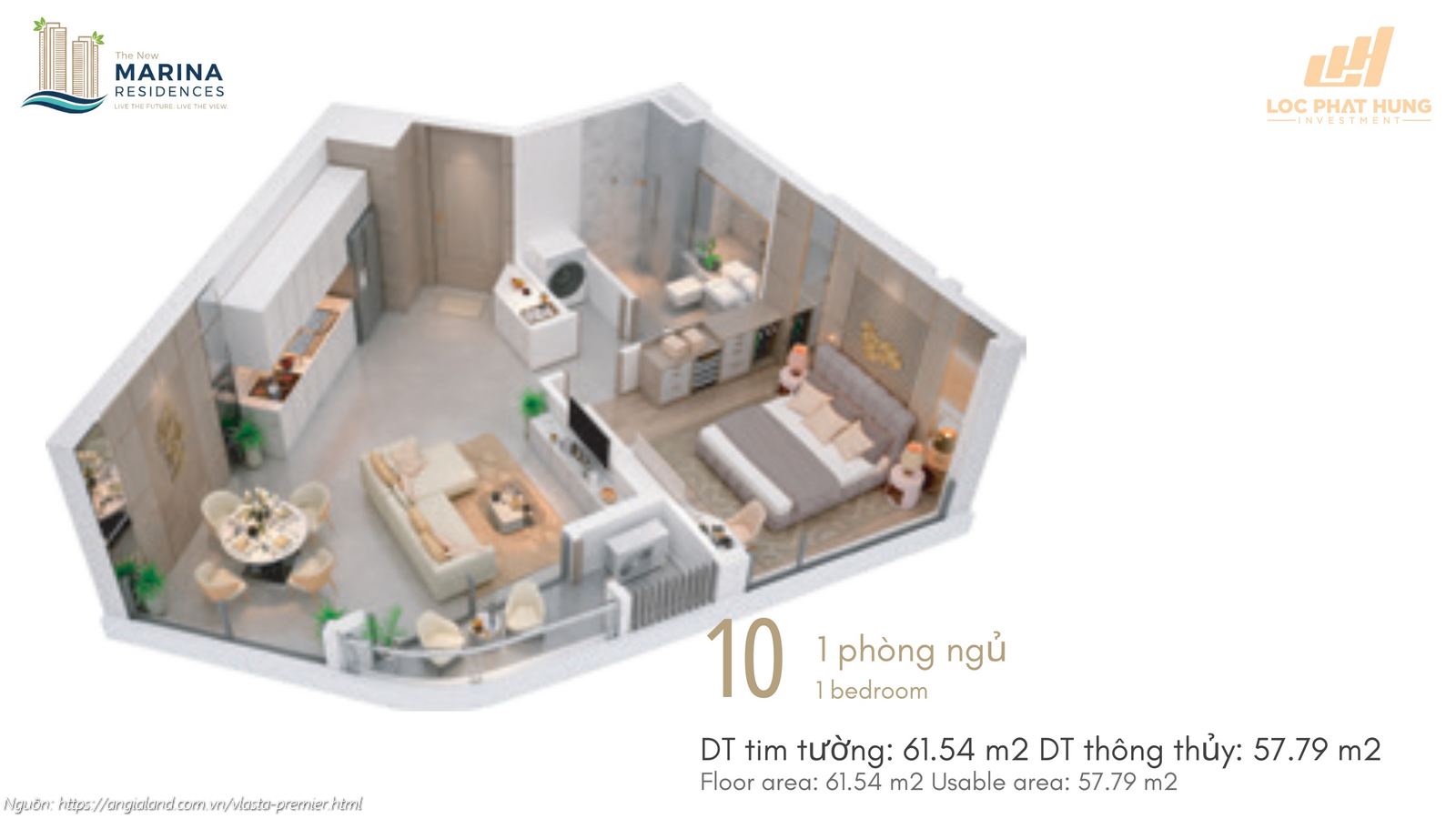 Thiết kế chi tiết căn hộ số 10 (1 phòng ngủ) diện tích 61.54 m2 dự án Vlasta Premier Quận 7