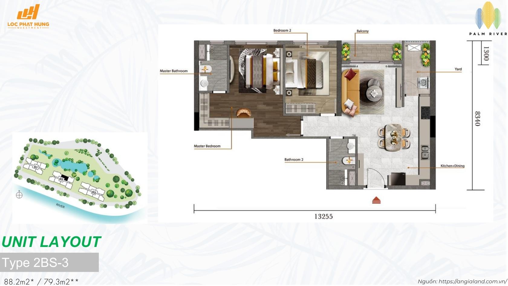 Mặt bằng căn hộ 2PN Lớn Type 2bs 3 dự án Palm River Quận 2